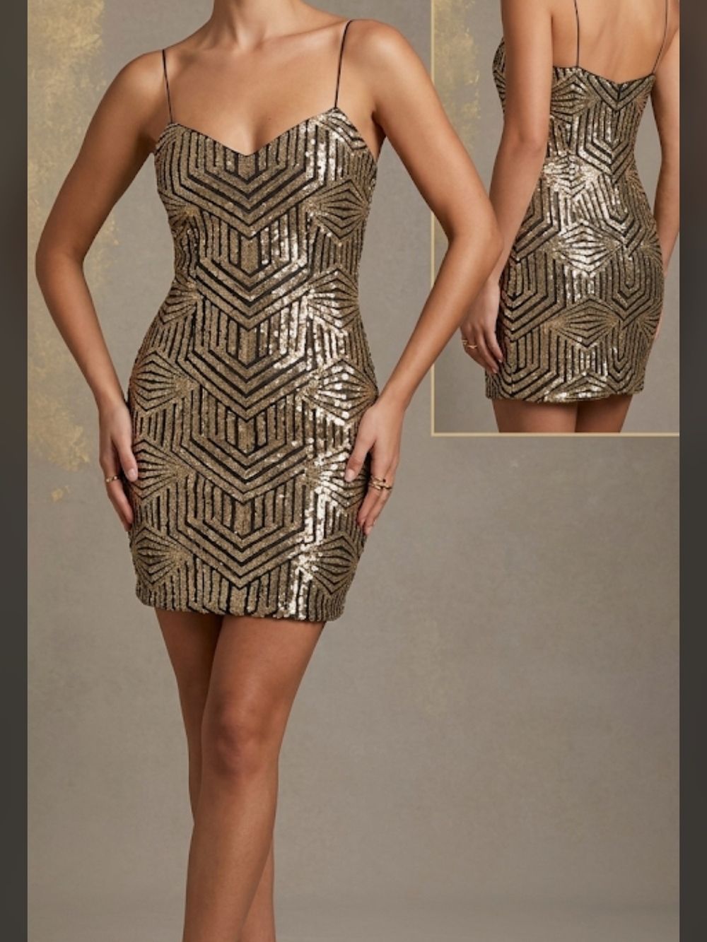 Aidan Mattox Gold Sequin Mini Dress with Geometric Pattern